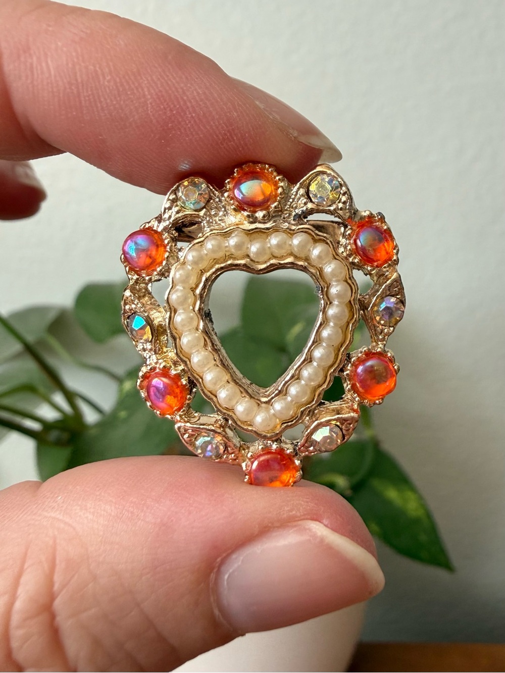 Vintage AB Orange Pink Cabochon & Crystal Rhinestones Pearls Heart Brooch Pin